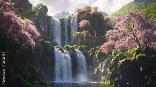 Enchanted Waterfall in a Blossoming Paradise