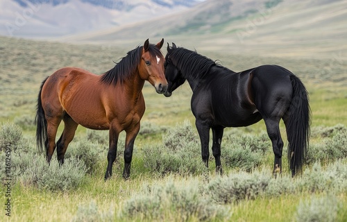 Two horses, one brown and the other black, with their heads touching each other's necks in an embrace on green grass.