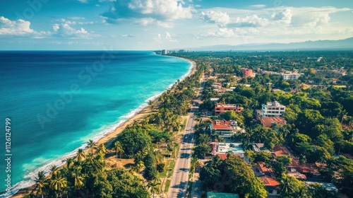 Fototapeta Naklejka Na Ścianę i Meble -  Aerial view of a tropical city with palm-lined streets, beach nearby, blue ocean, sunny day,