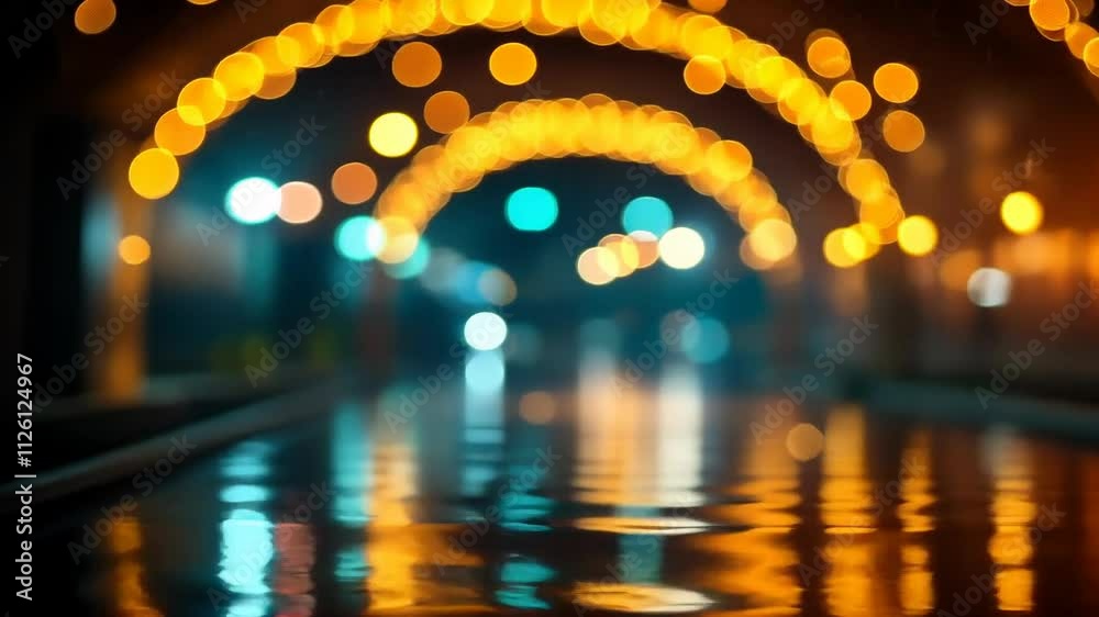 Glowing lights tunnel reflection on wet surface