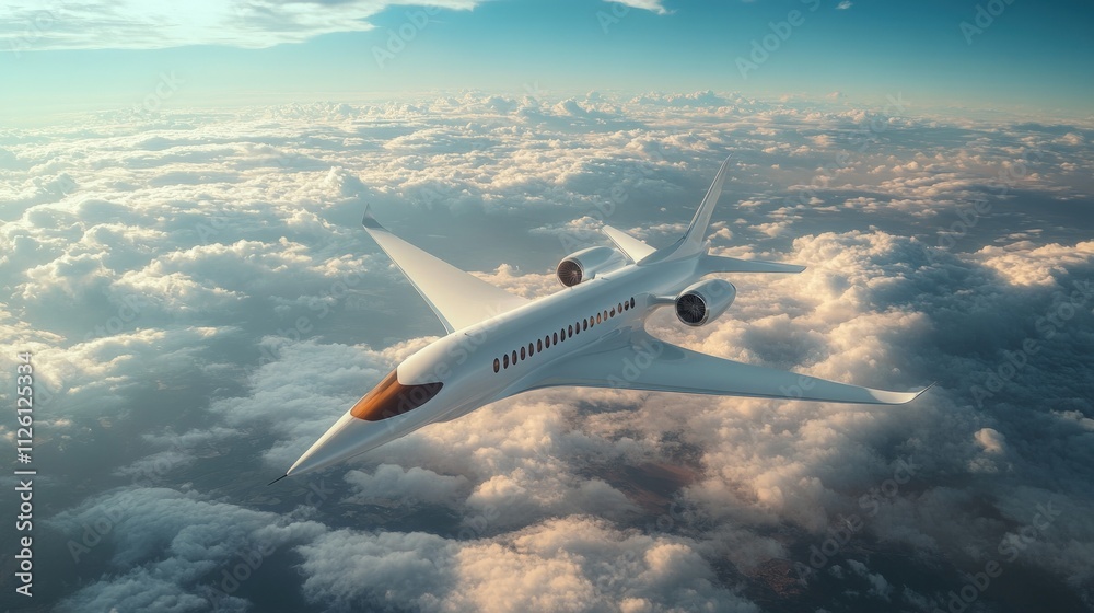 White supersonic jet flying above clouds.