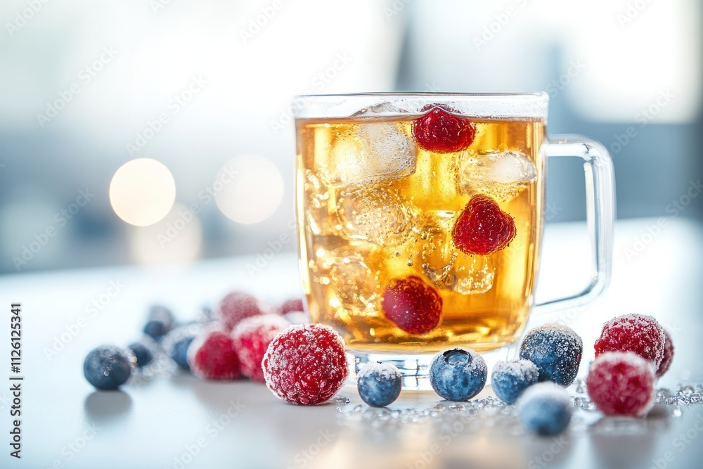 A refreshing drink with ice and berries, perfect for a summer day. A refreshing drink with ice and berries, perfect for a summer day.