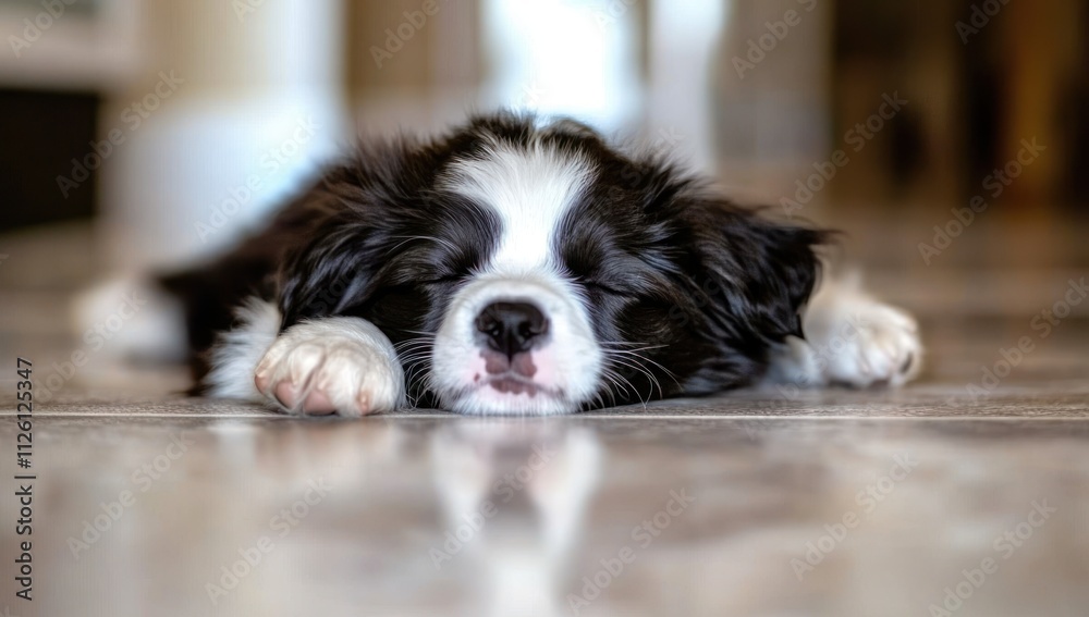 A sleeping puppy resting on a polished floor, showcasing its adorable features. A sleeping puppy resting on a polished floor, showcasing its adorable features.