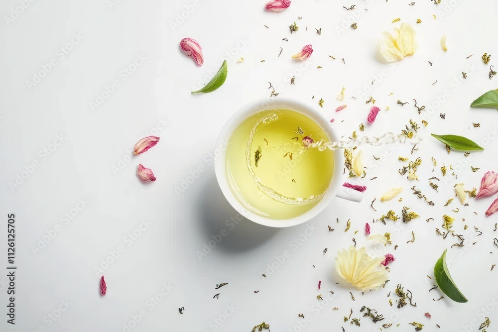 A cup of green tea surrounded by flower petals and herbs on a white background. A cup of green tea surrounded by flower petals and herbs on a white background.