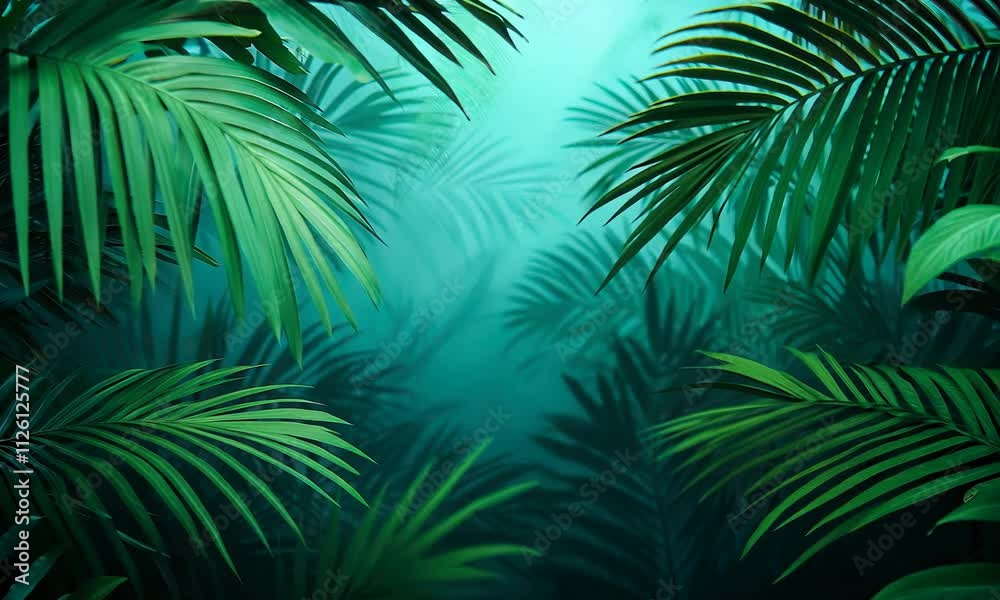 Lush green palm fronds fill the scene, creating a serene, tropical atmosphere with a misty, ethereal background. Lush green palm fronds fill the scene, creating a serene, tropical atmosphere with a misty, ethereal background.