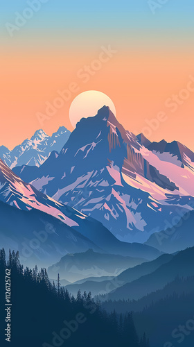A serene mountain landscape at sunset, featuring tall peaks bathed in warm pastel colors contrasted with deep blue valleys.