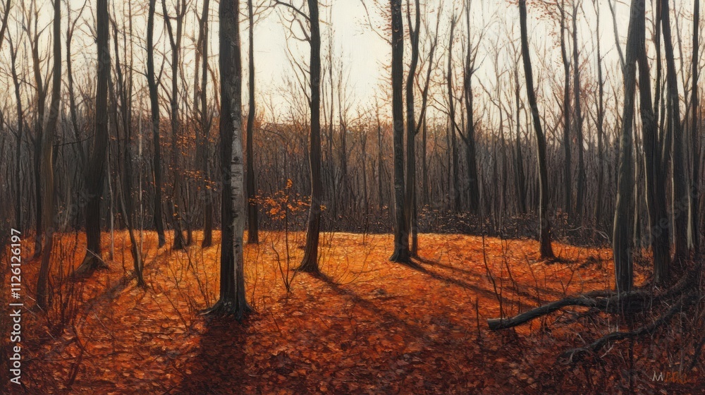 Forest in late autumn, bare trees with orange leaves on the ground, soft golden sunlight Forest in late autumn, bare trees with orange leaves on the ground, soft golden sunlight