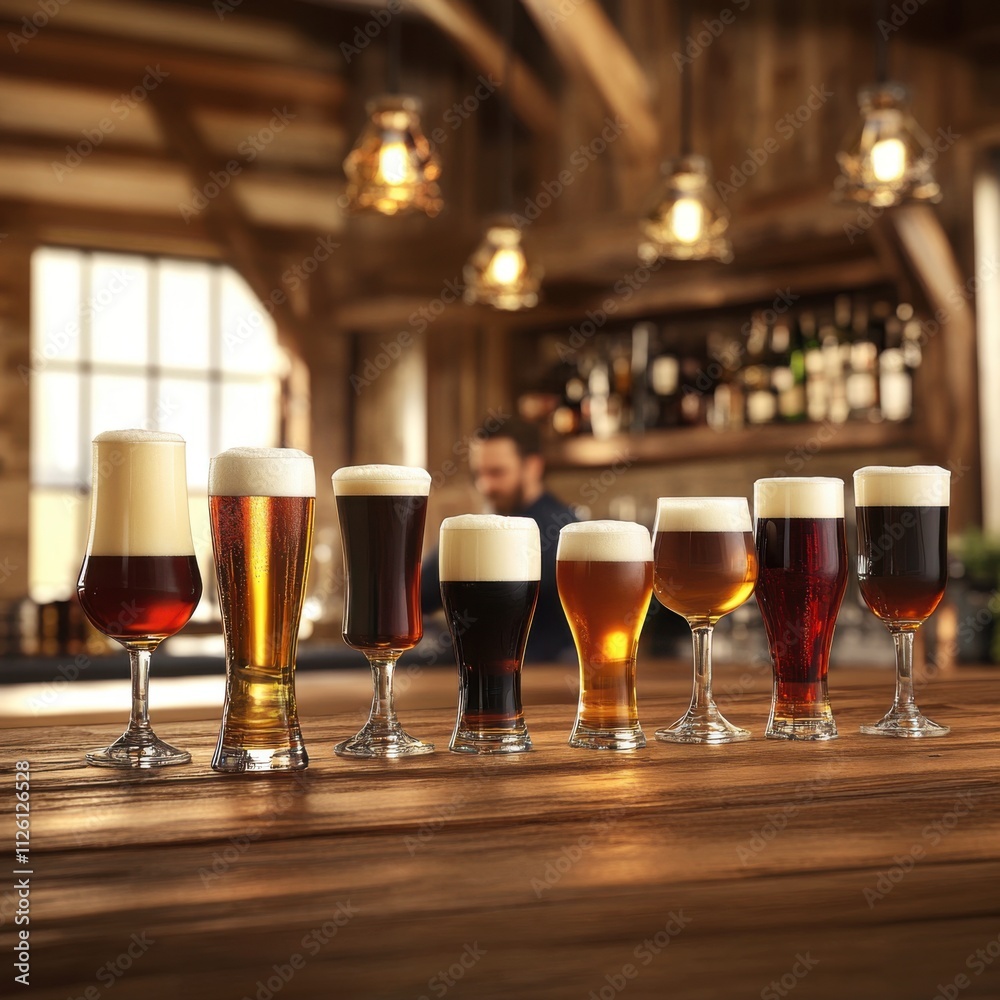 Beer glasses on wooden table on bar counter Beer glasses on wooden table on bar counter