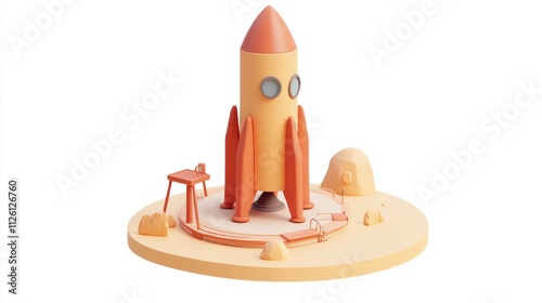 A stylized rocket on a launch pad surrounded by rocks, representing space exploration. photo