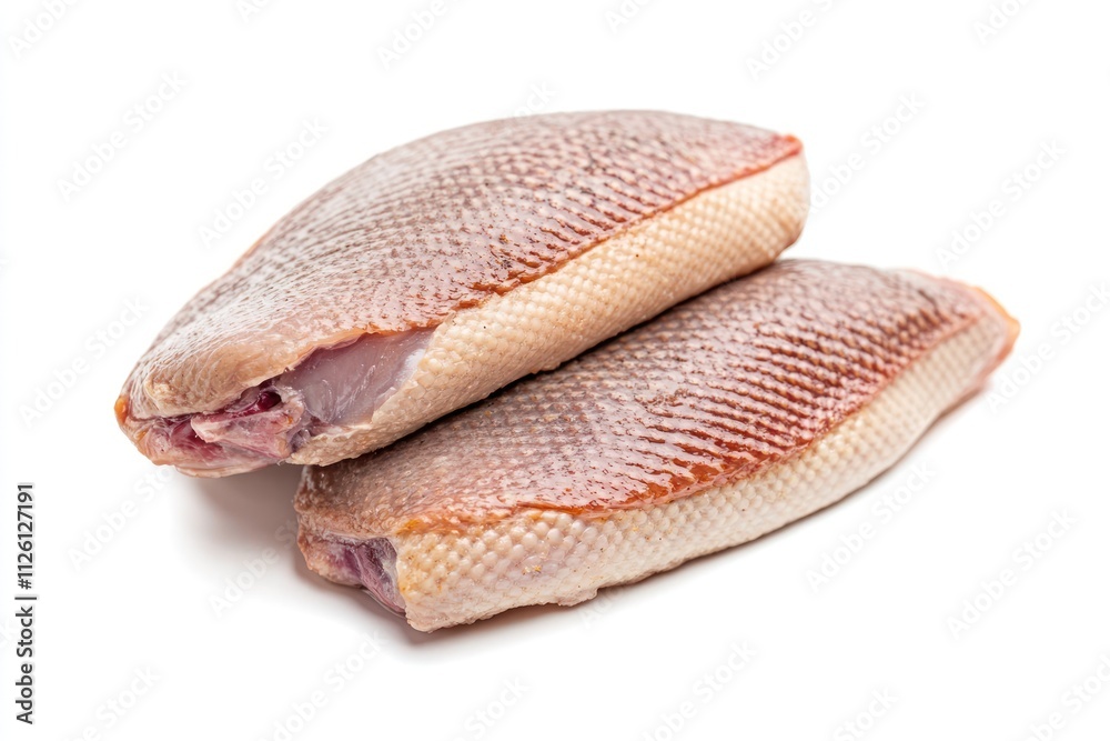 Two raw duck breasts on a white background, ready for cooking. Two raw duck breasts on a white background, ready for cooking.