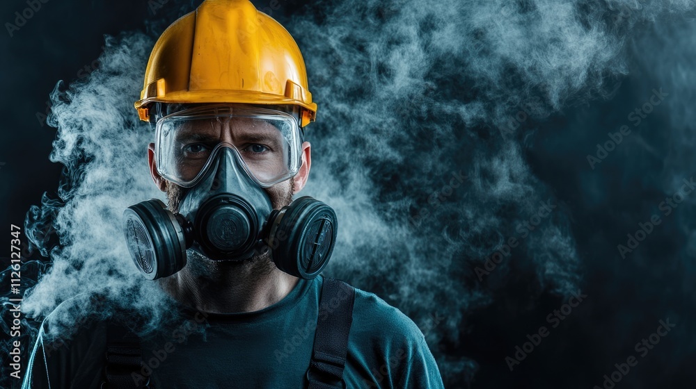 Construction Worker in a Hazmat Suit Surrounded by Smoke Construction Worker in a Hazmat Suit Surrounded by Smoke