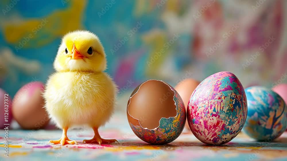 video of cute little chicken next to painted eggs, easter, bird, farm, holiday, domestic animal, ornithology, avian, chick