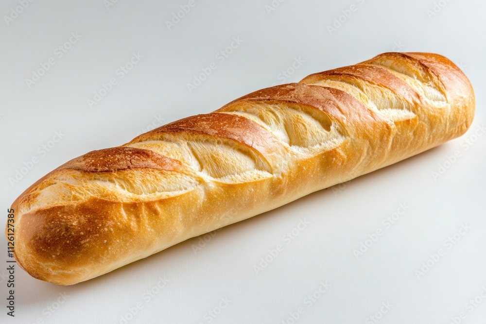 A freshly baked baguette with a golden crust and slashes on top, ready for serving. A freshly baked baguette with a golden crust and slashes on top, ready for serving.