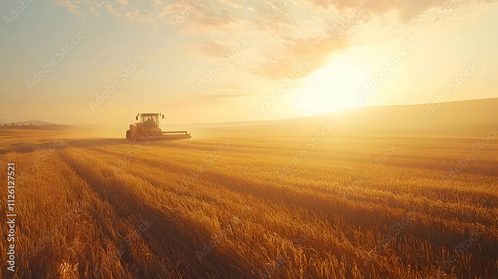 Harvesting Golden Wheat Fields at Sunrise Harvesting Golden Wheat Fields at Sunrise