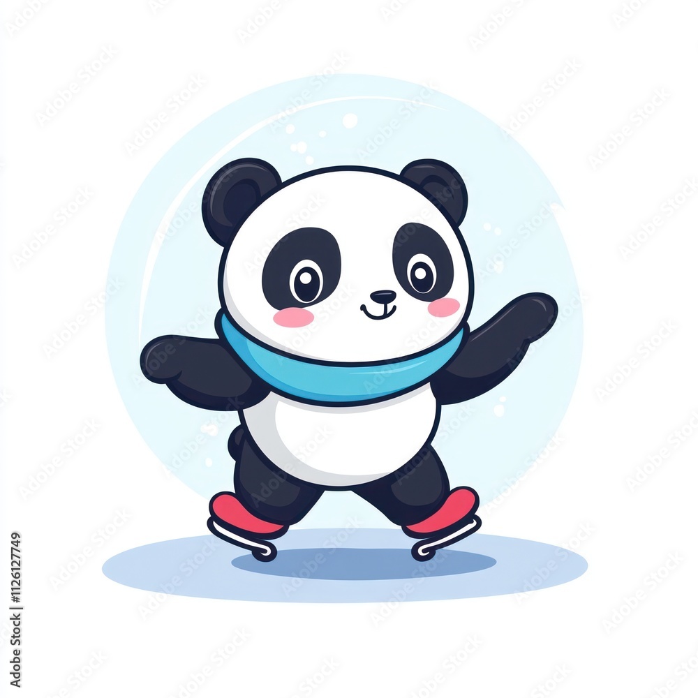 A cute cartoon panda ice skating with a cheerful expression and a blue scarf. A cute cartoon panda ice skating with a cheerful expression and a blue scarf.