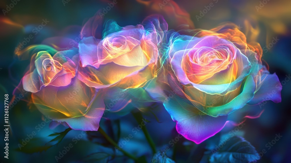 Obraz premium dreamy botanical scene with rainbow-colored roses intertwined in a flowing, luminous arrangement. Each petal glows with a different hue, creating a kaleidoscope of colors in the bouquet