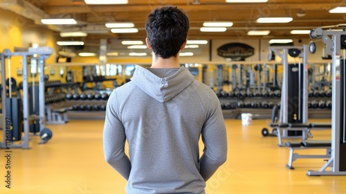 Fitness journeyyoung man at gym workout motivation energetic environment rear view perspective health concept