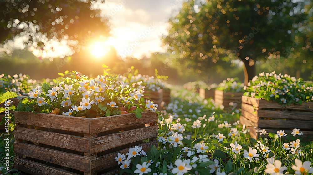 Sunset Blooms: Daisies in Wooden Crates, Golden Hour Sunset Blooms: Daisies in Wooden Crates, Golden Hour
