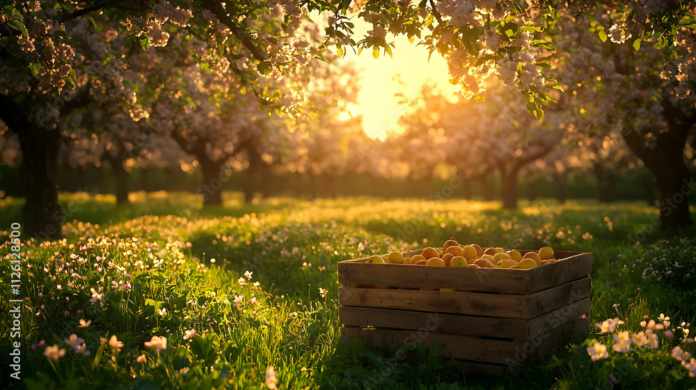 Golden Hour Orchard: Apples in Wooden Crate, Sunset Glow Golden Hour Orchard: Apples in Wooden Crate, Sunset Glow
