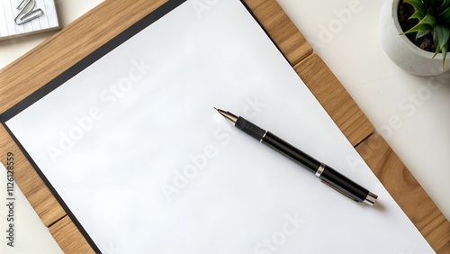 A4 paper mockup with pen on a bright workspace desk