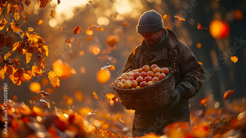 Autumn Harvest: Man Gathering Apples in Golden Leaves