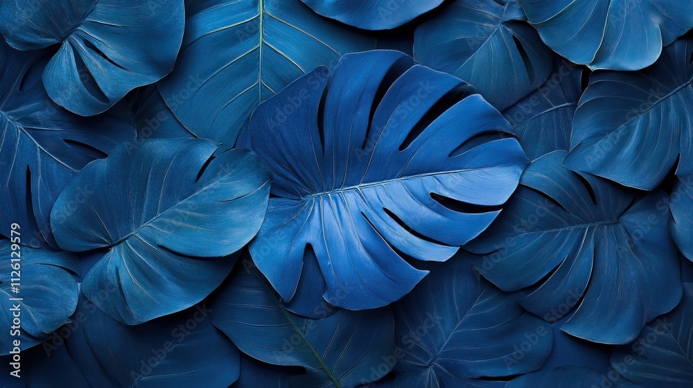 Fototapeta premium Tropical smooth pattern with large leaves and blue colors