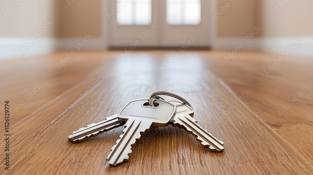 Unlocking new beginningsa set of keys on a wooden floor in an empty house welcoming homeowners inviting atmosphere Unlocking new beginningsa set of keys on a wooden floor in an empty house welcoming homeowners inviting atmosphere
