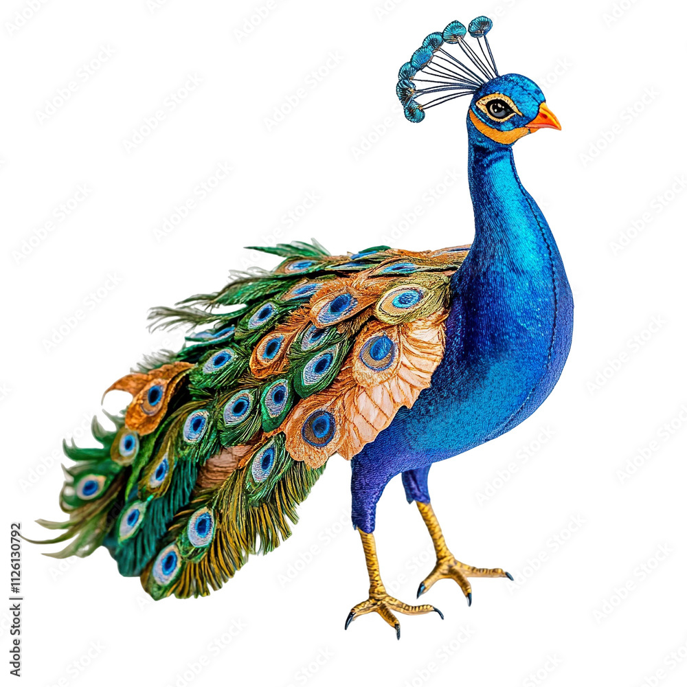 Fototapeta premium ANGLED VIEW of a perfectly made hyper realistic Peacock bird soft toy isolated on a white transparent background
