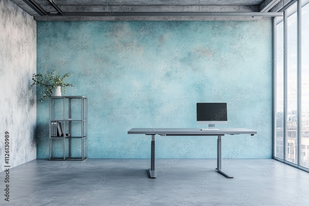 Modern office space featuring a desk, computer, and minimalist design. Modern office space featuring a desk, computer, and minimalist design.