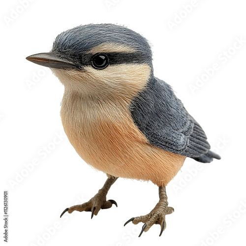 ANGLED VIEW of a perfectly made hyper realistic Pygmy Nuthatch bird soft toy isolated on a white transparent background photo