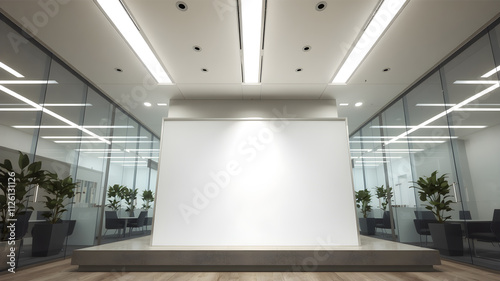 Empty white poster on a wall in a modern interior room with large windows. minimalist design for exhibition or signage. 3D Rendering