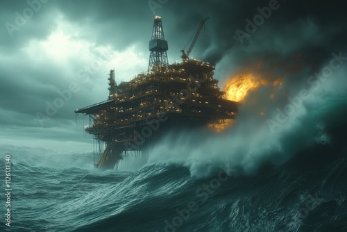 Oil platform explosion during storm offshore waters digital art turbulent weather dramatic perspective disaster response themes photo