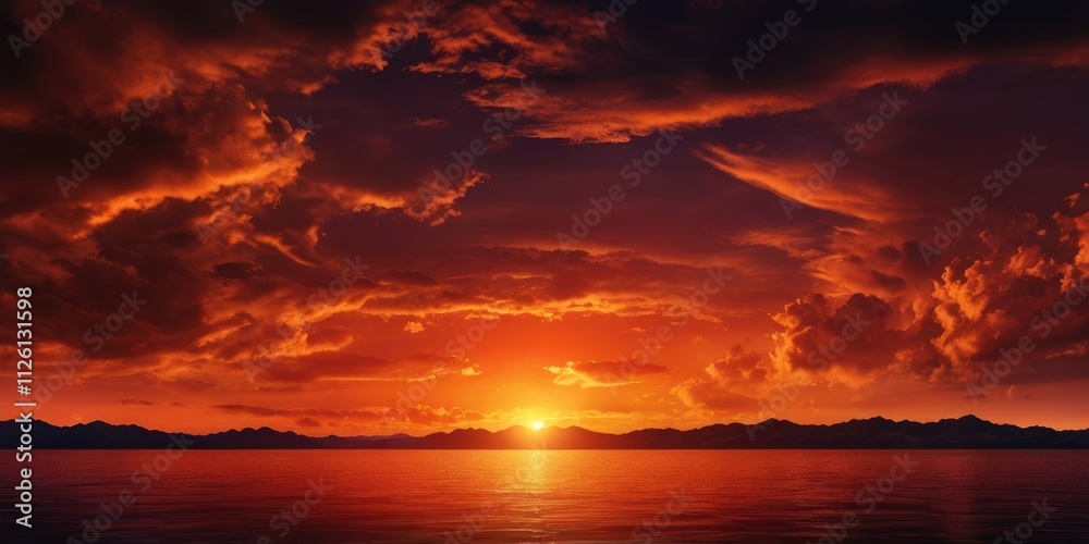 Naklejka premium Deep Black and orange Fantasy vibrant panoramic sunset sky