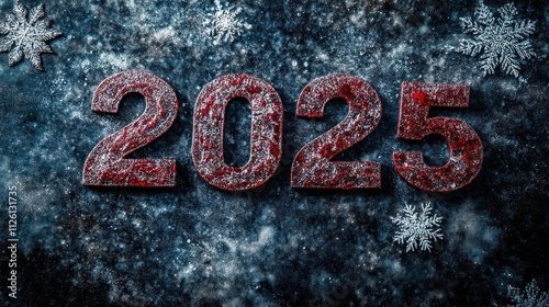 Glittering Red Numbers Two Thousand Twenty Five With Snowflakes