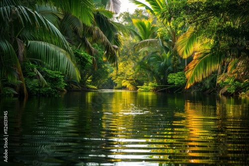 A serene river flows gently through a dense tropical forest, illuminated by golden morning light reflecting on the calm water surface.