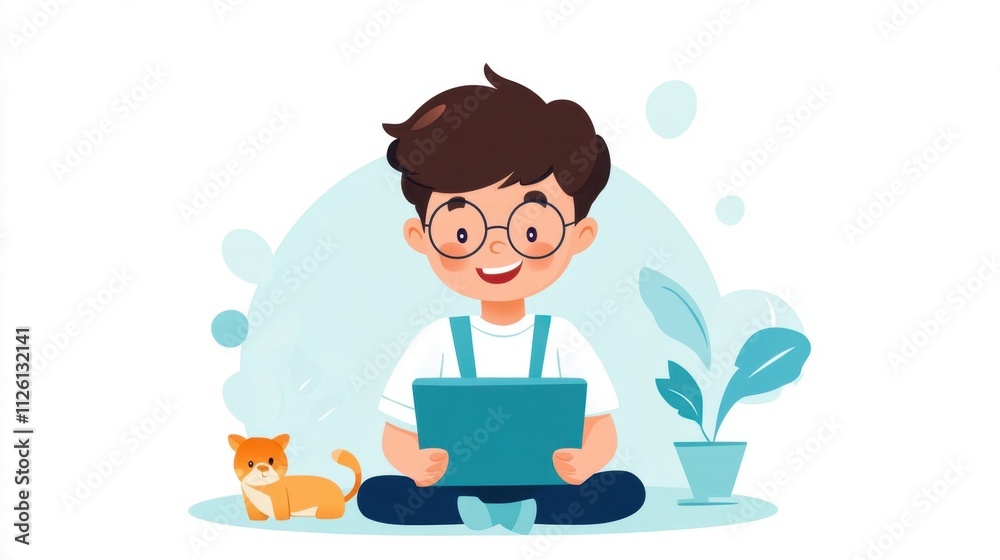 Happy Boy with Glasses Holding Tablet with Cat and Plants Happy Boy with Glasses Holding Tablet with Cat and Plants