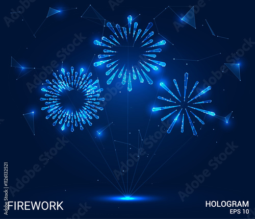 Hologram firework composed of polygons, triangles, dots, and lines. A low-poly firework design with intricate connections, representing a technology concept vector.