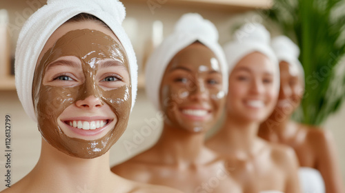 Group of Friends Enjoying a Relaxing Spa Day With Clay Masks Applied to Their Faces in a Serene Wellness Center