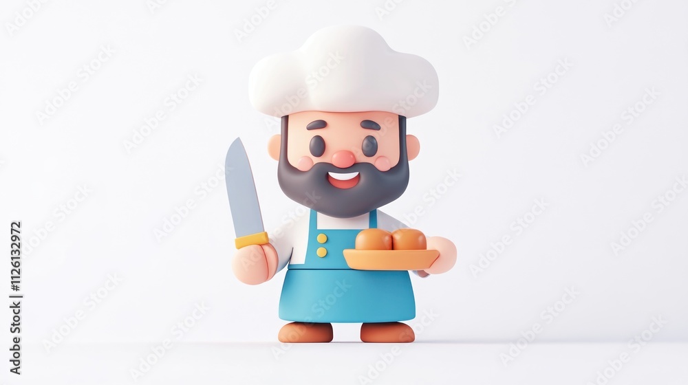 A cheerful cartoon chef holding a knife and a plate of bread. A cheerful cartoon chef holding a knife and a plate of bread.