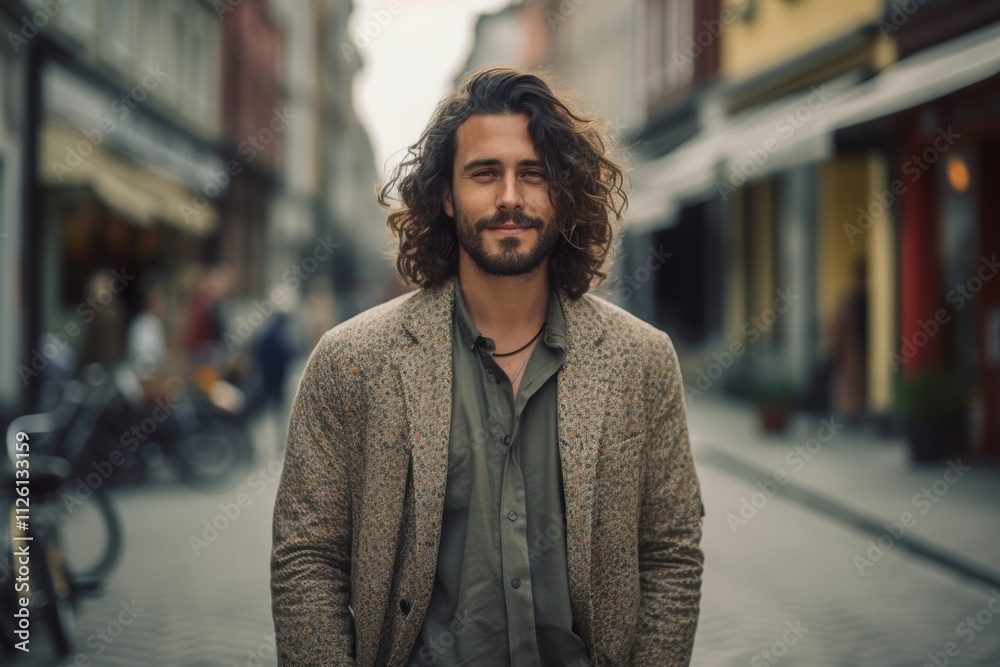 A man with long hair is standing on a street in front of a building A man with long hair is standing on a street in front of a building