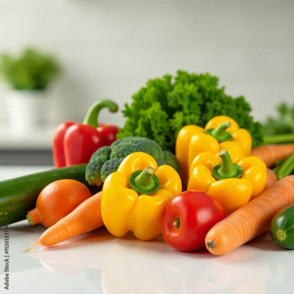 Close-up of Fresh Vegetables on Neutral Kitchen Countertop Close-up of Fresh Vegetables on Neutral Kitchen Countertop