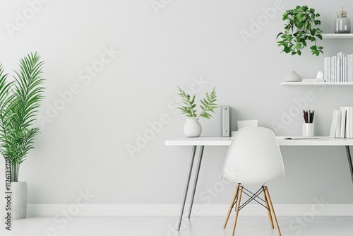 Modern home office setup minimalistic design indoor plants bright environment contemporary viewpoint productivity concept photo