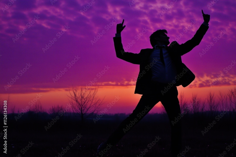 A silhouetted figure in a suit strikes a celebratory pose against a vibrant sunset. A silhouetted figure in a suit strikes a celebratory pose against a vibrant sunset.