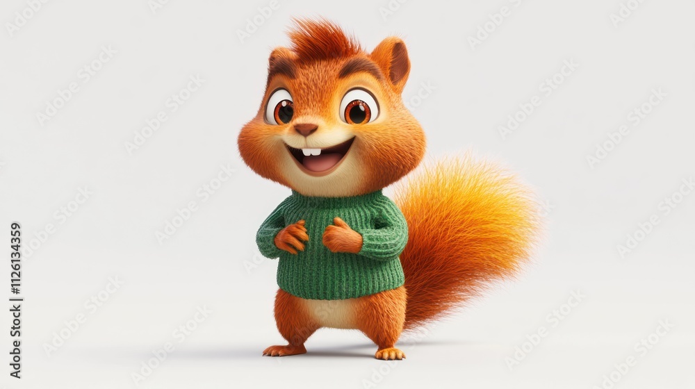 A cheerful cartoon squirrel wearing a green sweater, standing with a friendly expression.