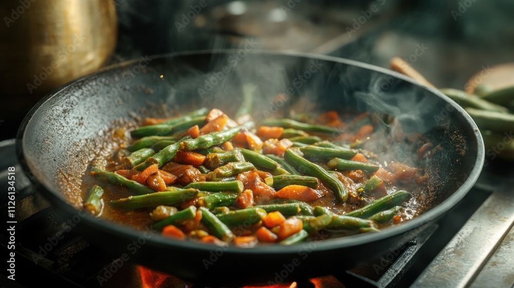 A skillet with green beans and tomatoes cooking on a stove, emitting steam. A skillet with green beans and tomatoes cooking on a stove, emitting steam.