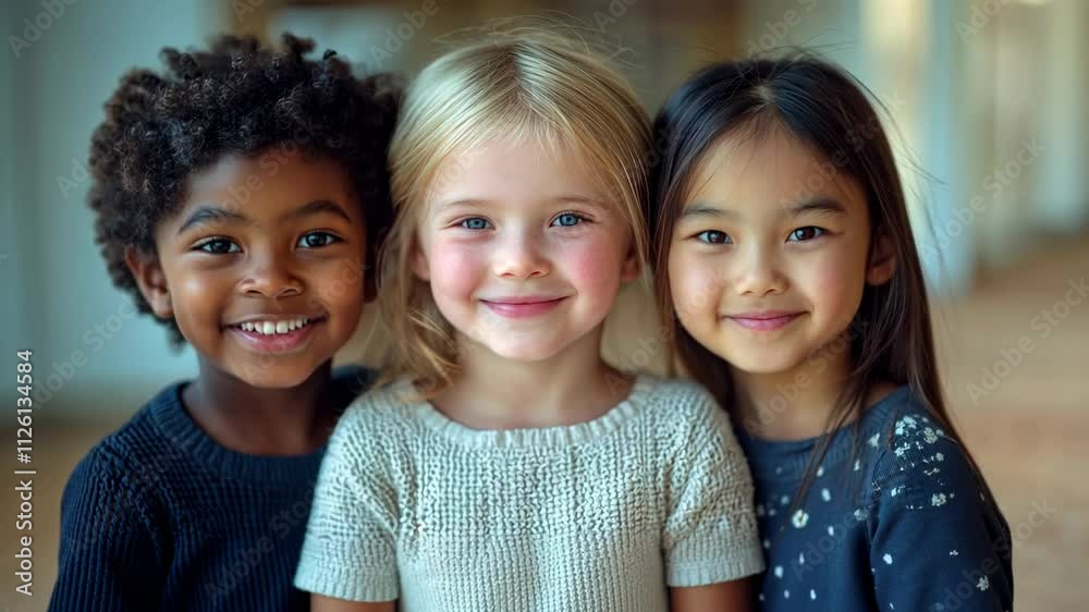 video of three smiling children of different nationalities, diversity, african american boy, caucasian kid, asian kid, childhood, friends video of three smiling children of different nationalities, diversity, african american boy, caucasian kid, asian kid, childhood, friends