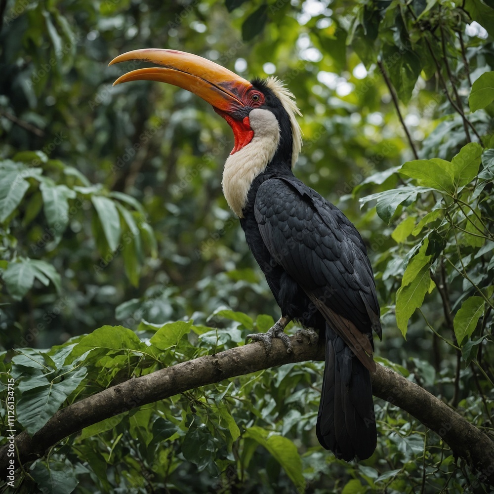 A hornbill in its natural habitat of Southeast Asia, surrounded by green vines. A hornbill in its natural habitat of Southeast Asia, surrounded by green vines.