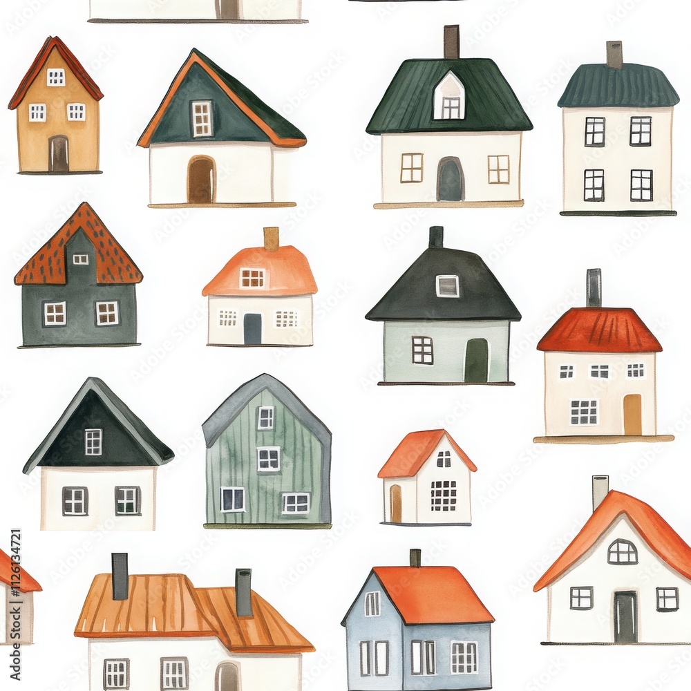 Naklejka premium Whimsical Scandinavian Watercolor Houses Design