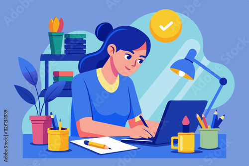 Woman with blue shirt writing at a desk with office supplies