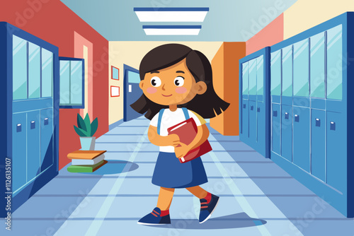 Girl walking in school hallway with books